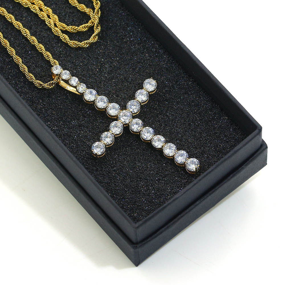 Micro Paved Zircon Hip Hop Anka Key Cross Hip Hop Pendant Necklace