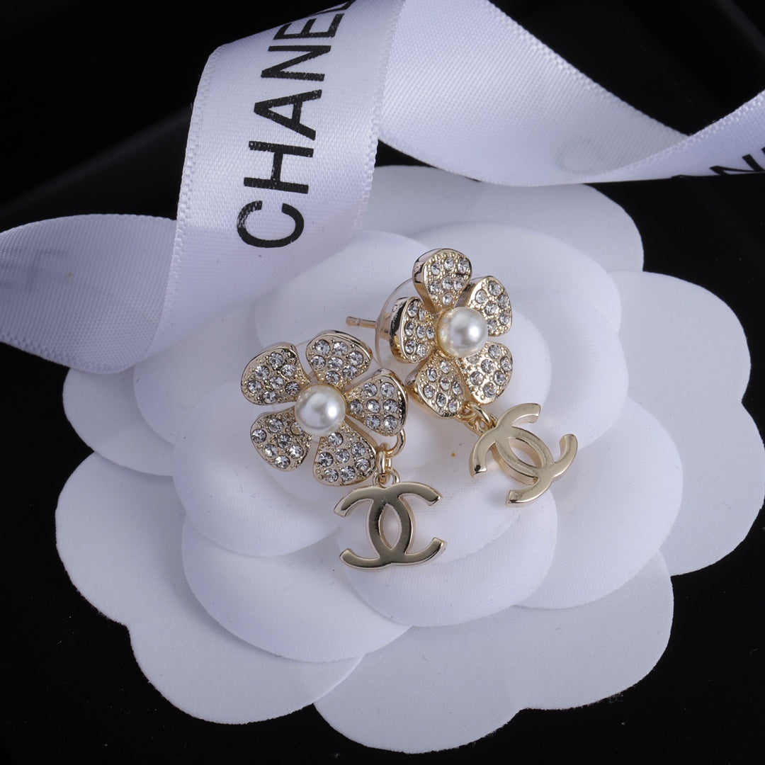 Classic Double C Flower Pearl Rhinestone Earrings