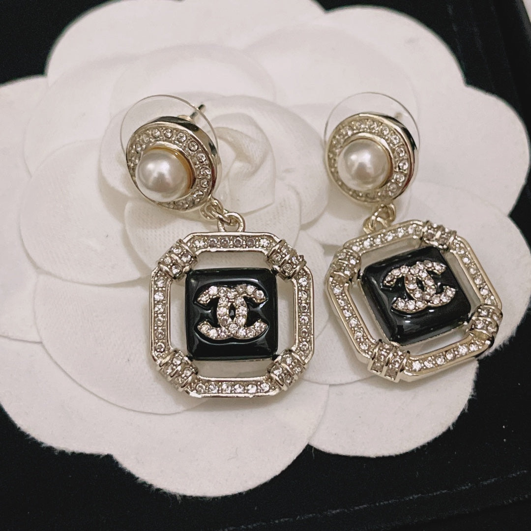 Classic CC Square Pearl Rhinestone Drop Earrings