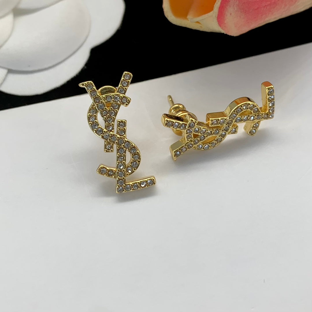 Classic YSL letter earrings with rhinestones