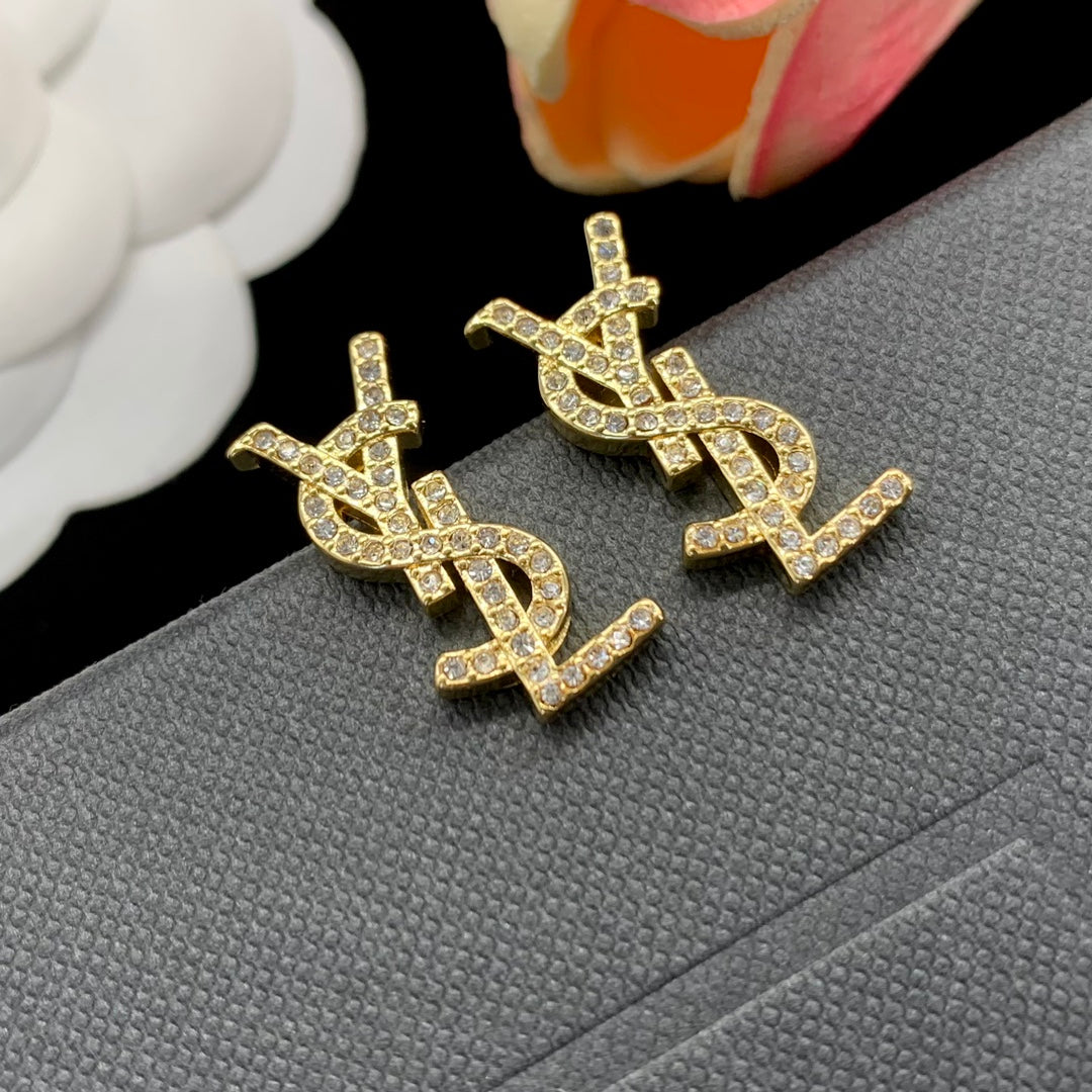 Classic YSL letter earrings with rhinestones