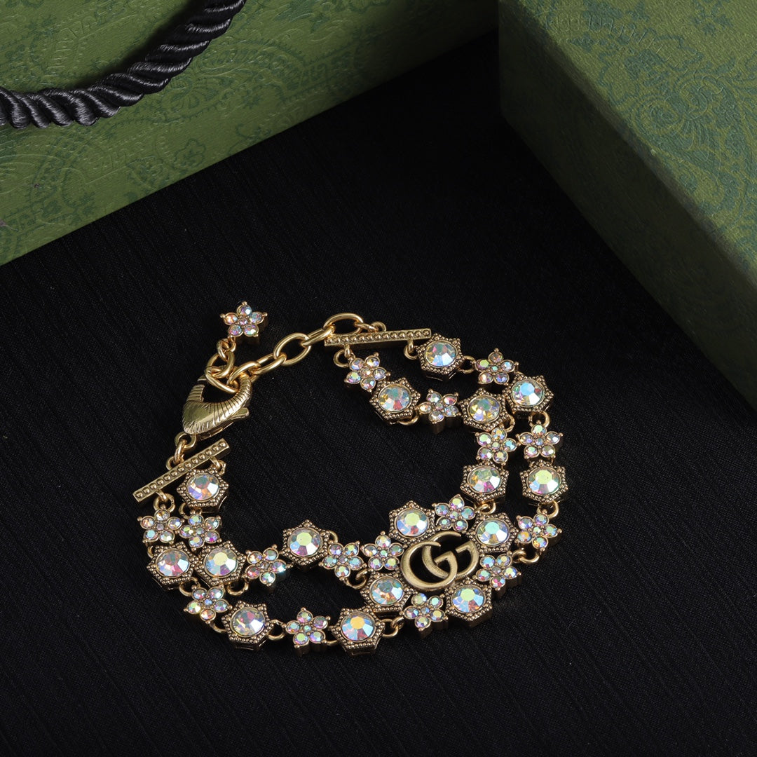 Fashion GG flower rhombus hexagonal rhinestone bracelet