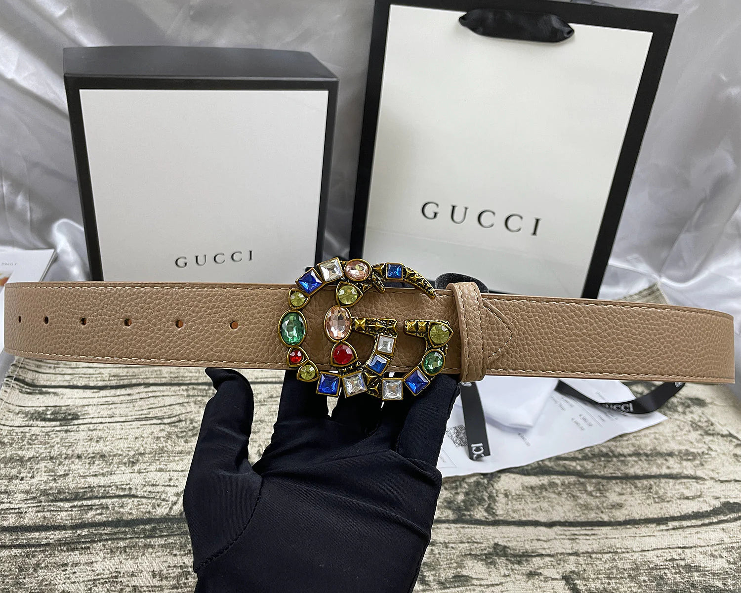 4 Colors luxury double G seven-color rhinestone double-sided lychee pattern belt