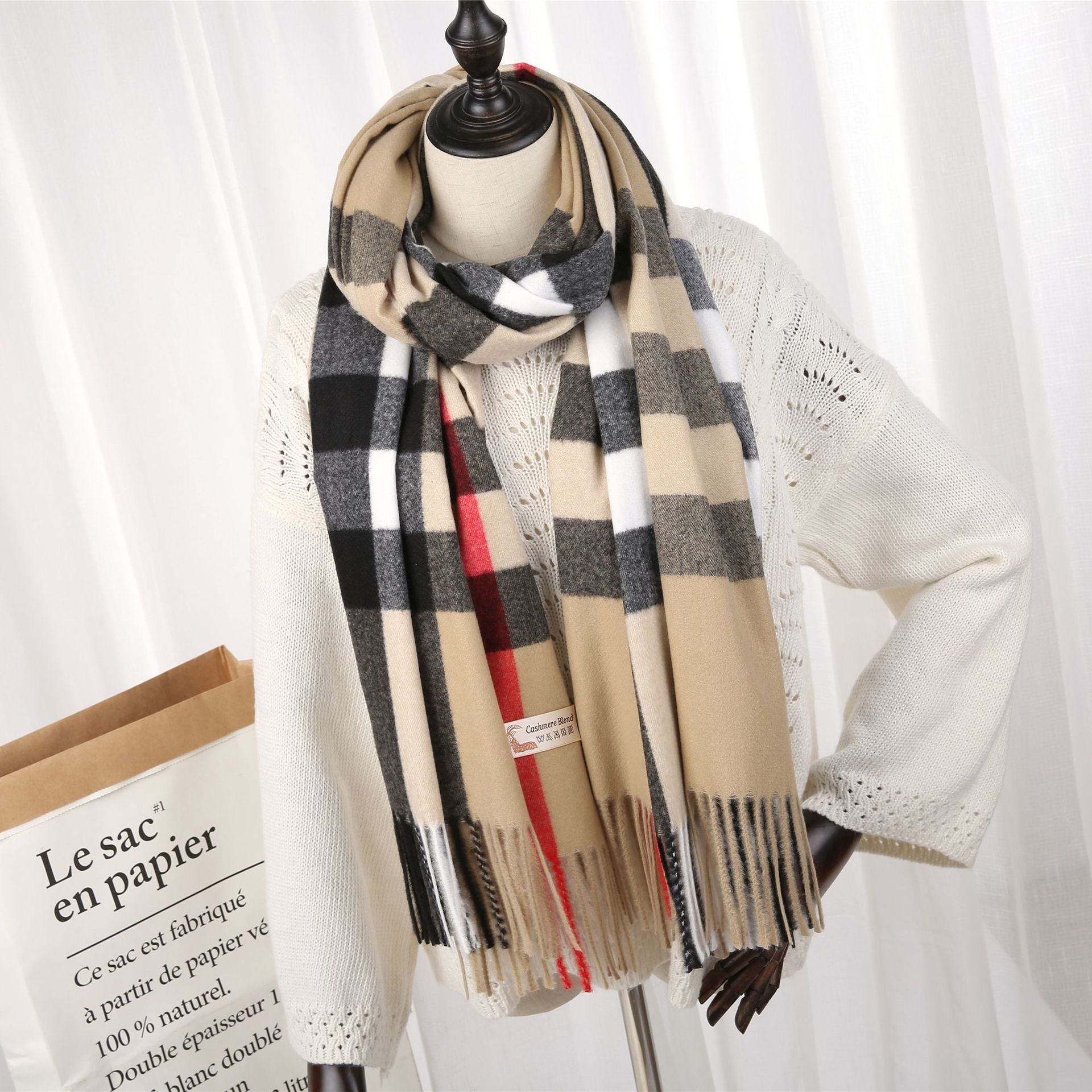 New Checked Cashmere Tassel Scarf