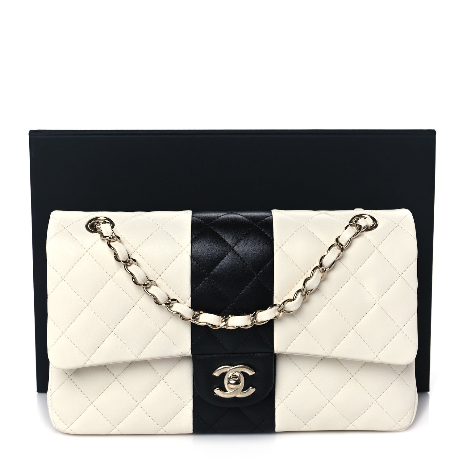 Lambskin Quilted Medium Double Flap Black White