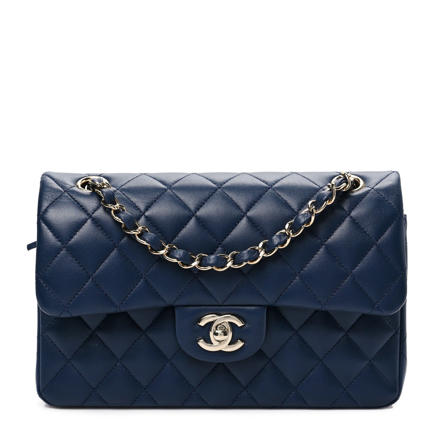 Lambskin Quilted Small Double Flap Dark Blue