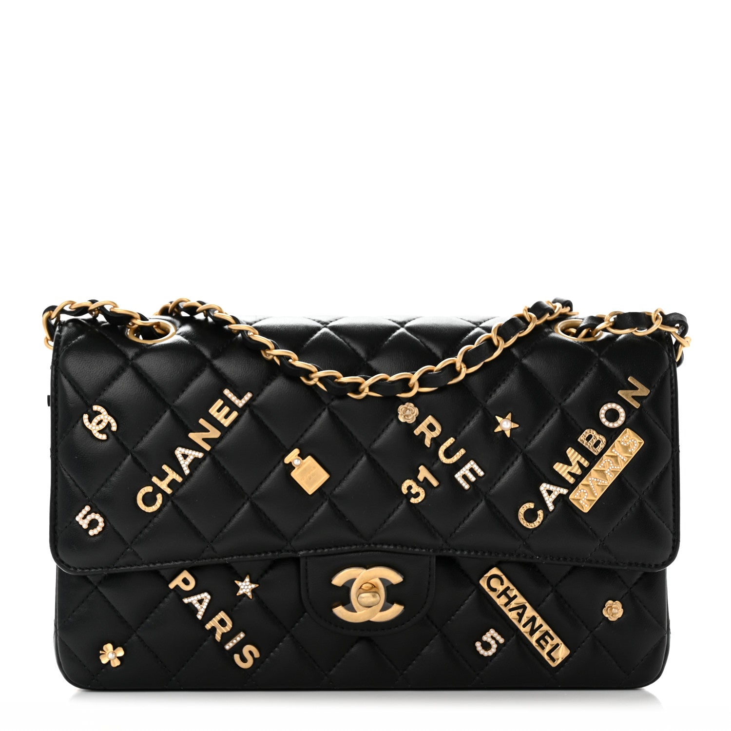 Lambskin Quilted Medium Rue Cambon Charms Double Flap Black