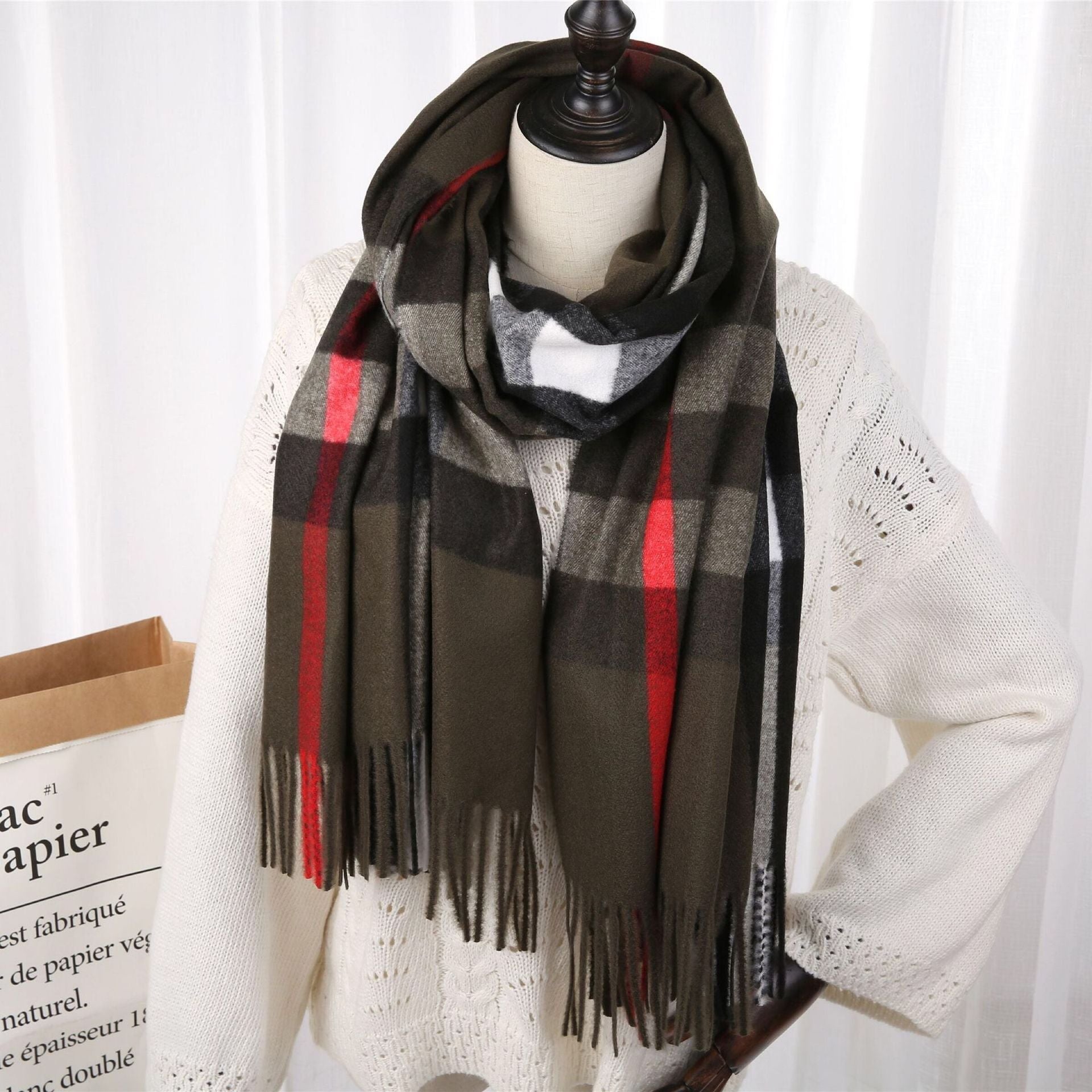 New Checked Cashmere Tassel Scarf