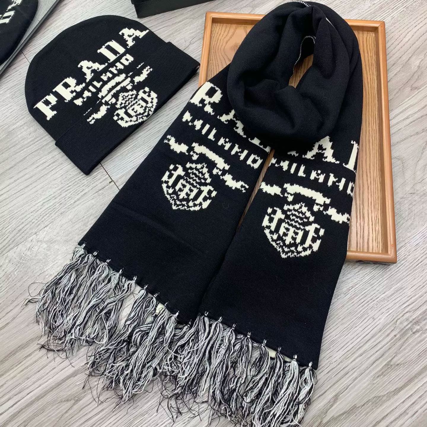 Monogram Jacquard Tassel Scarf Hat Set