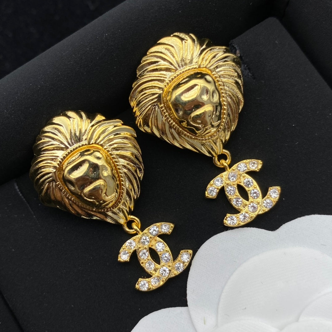 Lion Head Diamond Drop Earrings