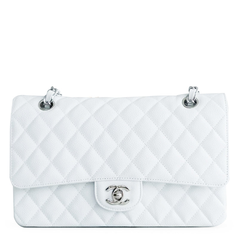 Caviar Quilted Medium Double Flap White