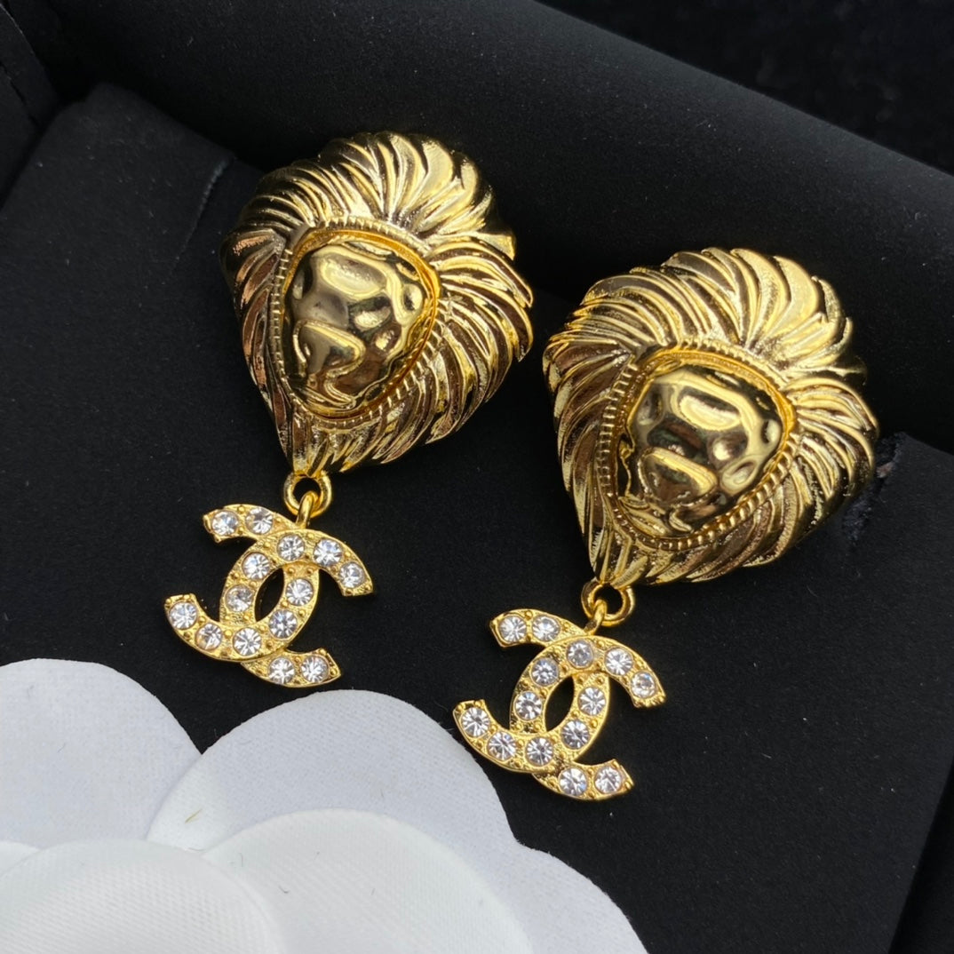 Lion Head Diamond Drop Earrings