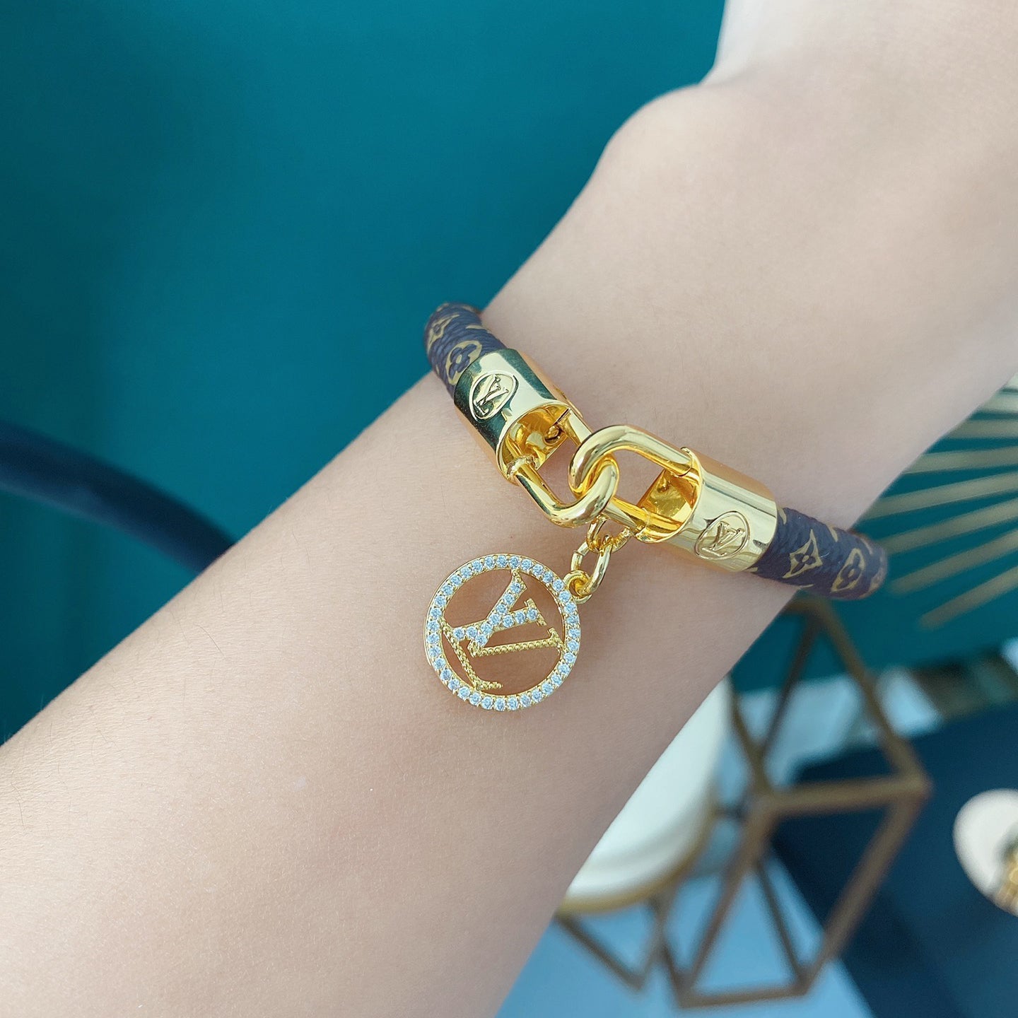 Logo Pendant Monogram Leather Bracelet