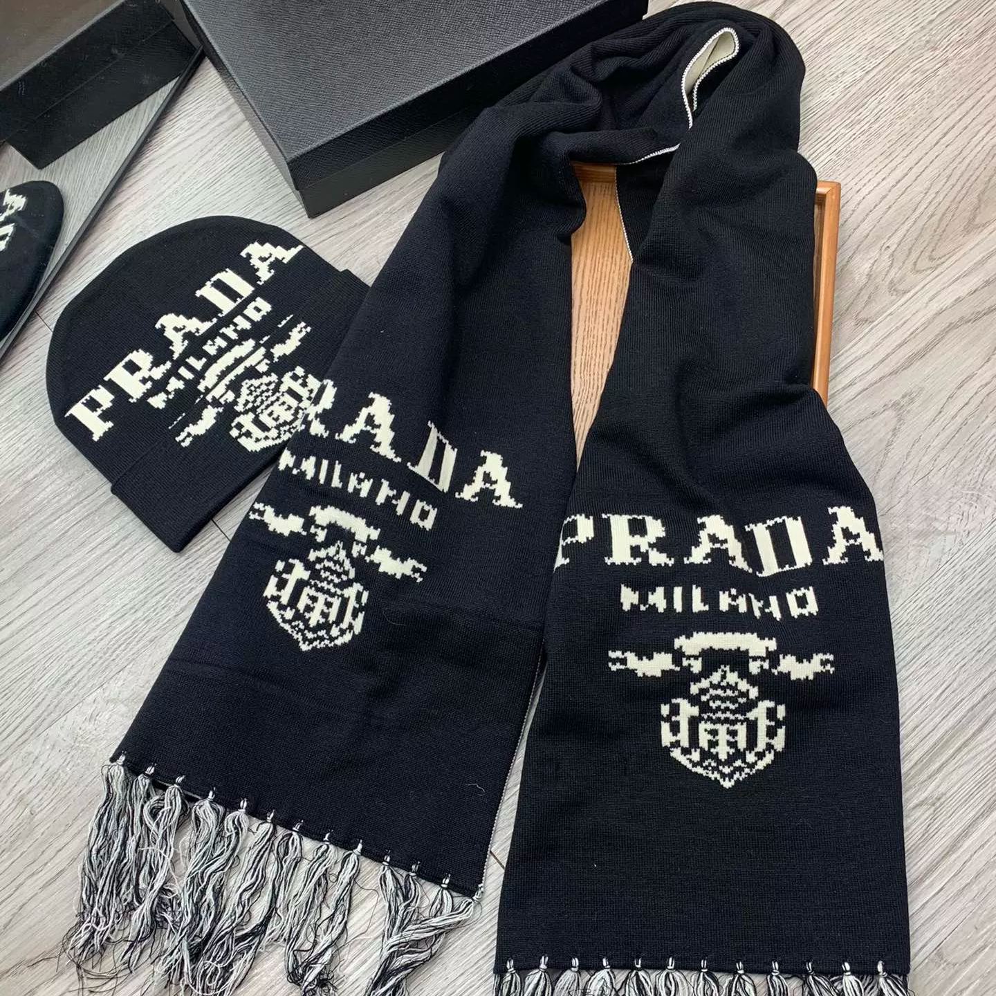 Monogram Jacquard Tassel Scarf Hat Set