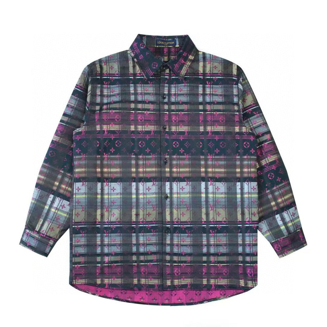 1021 New bright plaid full print jacquard dark red long-sleeved shirt