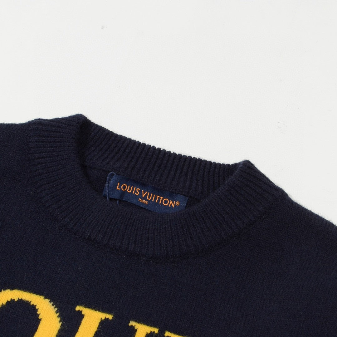 1102 New yellow and blue color contrast letters logo jacquard crewneck sweater