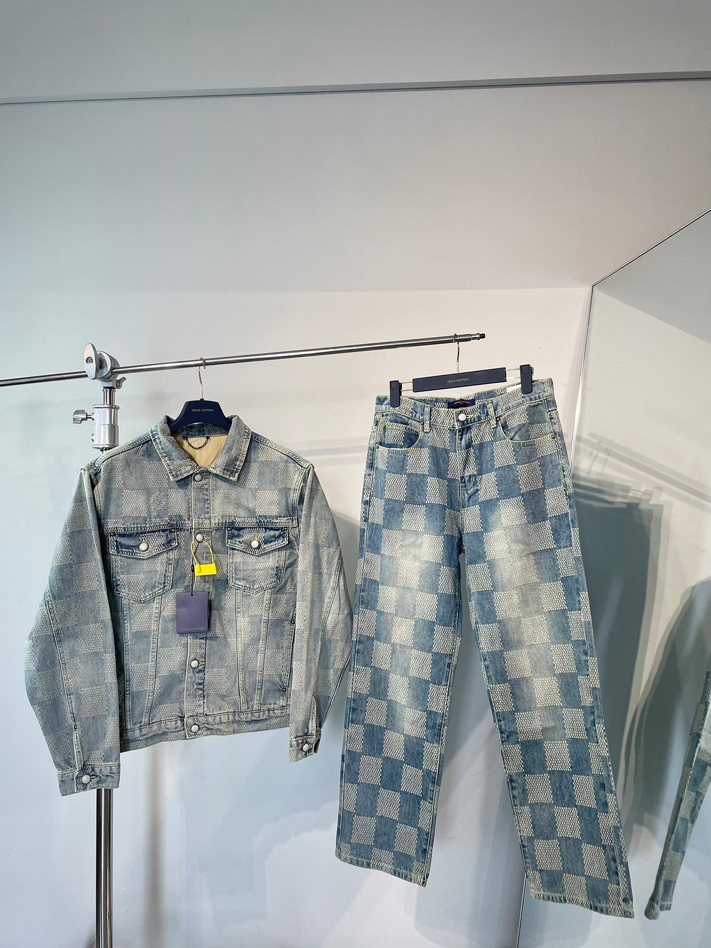 1105 New limited edition checkerboard patchwork washed blue denim jacket jeans set